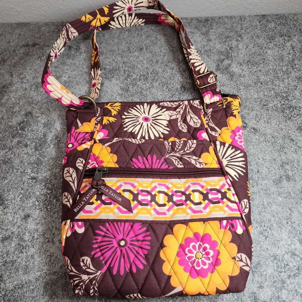 Bella Taylor Quilted Cotton Crossbody Bag Brown Pink Yellow Floral Purse